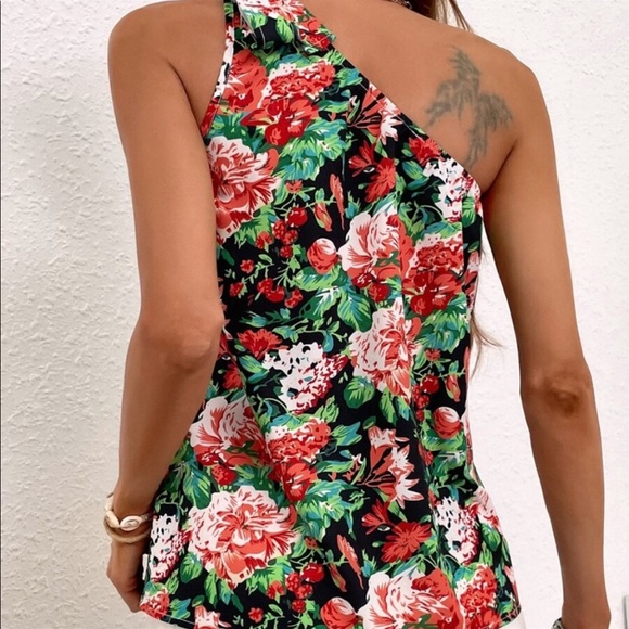 Boho Floral Print One Shoulder Top Blouse - Picture 14 of 15